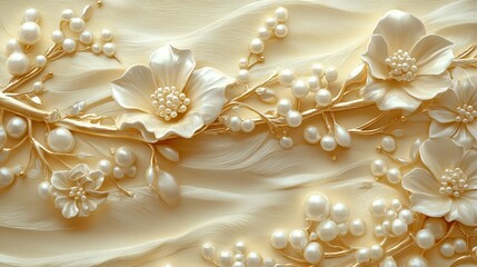 Ornate 3D Floral Design with Soft Gold Pearls on Elegant Background for Decorative Use