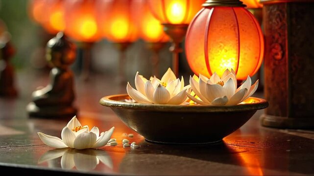Vesak, Buddha Purnima. Bowl of white flowers sits on a table next to a row of lit candles. The scene is serene and calming, with the candles and flowers creating a peaceful atmosphere