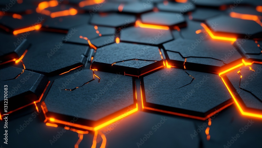 Poster Textured hexagonal surface with glowing lava cracks creating an abstract pattern for modern designs : Generative AI