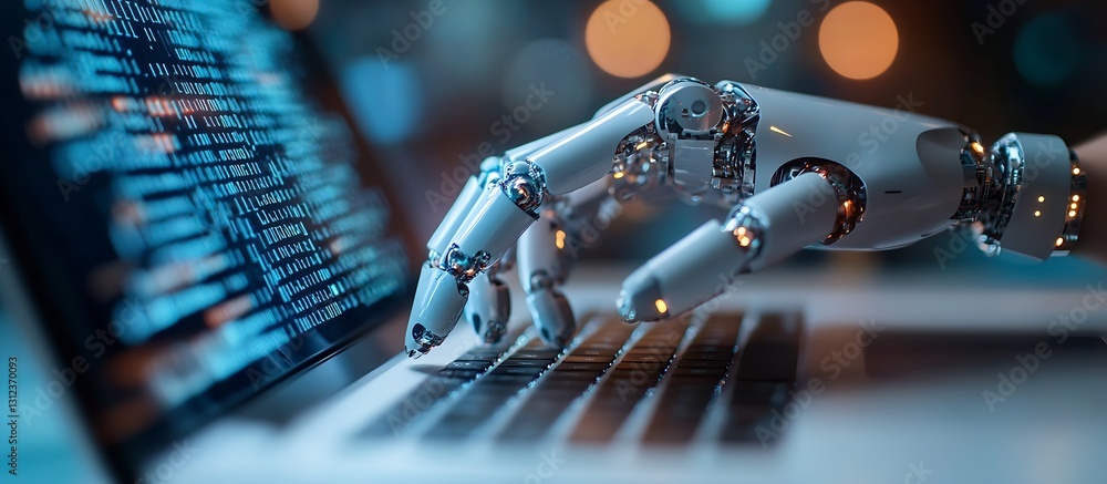 Poster Close up view of a robotic hand pressing keys on a laptop in a vibrant illuminated setting : Generative AI