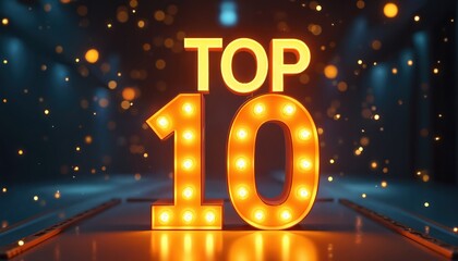 Illuminated Top 10 sign glows in dark background with blurred lights. Numbers symbolize success, achievement, best results, leadership, ranking. Award, spotlight, celebration, victory, motivation,