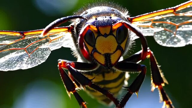 Giant hornet is flying towards camera close-up against blurred background