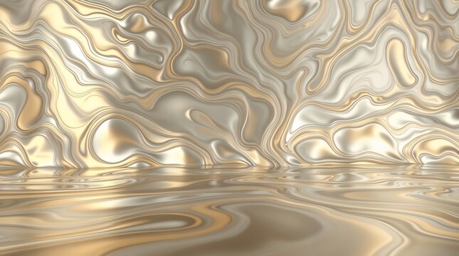 Luxe gold and silver liquid metal waves create a reflective floor and backdrop. Elegant texture for luxury designs, backgrounds and sophisticated projects.