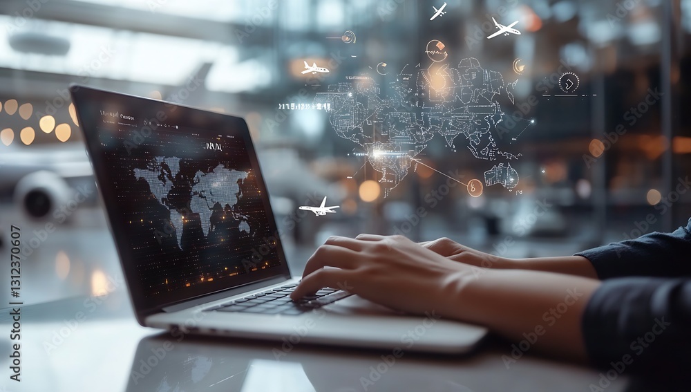 Aufkleber Hands of a Business Professional Using Laptop with Interactive World Map and Flight Data in a Modern Environment : Generative AI