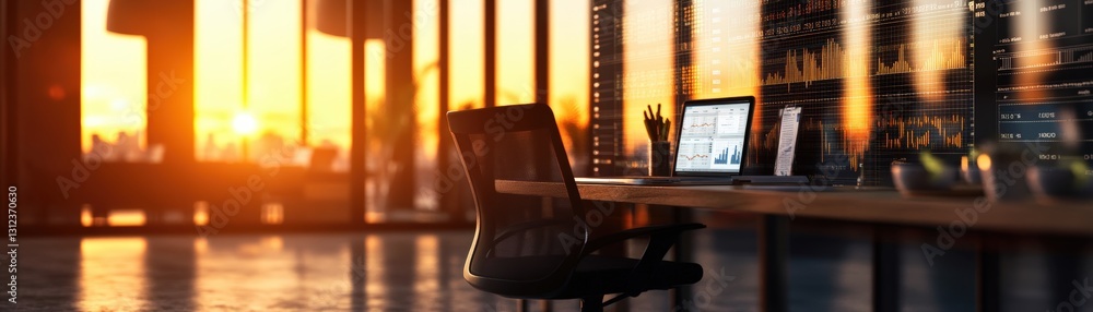 Poster a modern workspace featuring a desk with a laptop showcasing productivity and efficiency in a profes