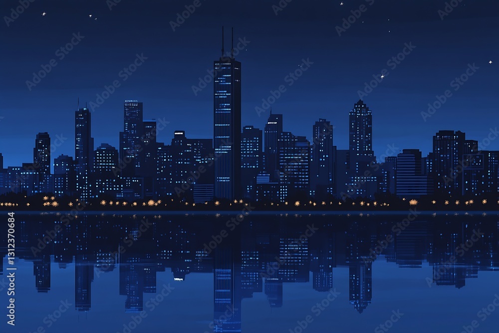 Aufkleber stylized illustration of a tranquil city skyline at night with reflective surfaces capturing the ser