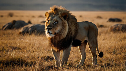 Fototapeta premium Powerful lions standing proudly on the African savannah demonstrate their strength, majesty and natural beauty