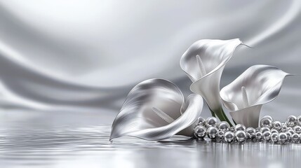 Elegant 3D Metallic Silver Frame with Pearls and Graceful White Flowers Against a Smooth Gray Background