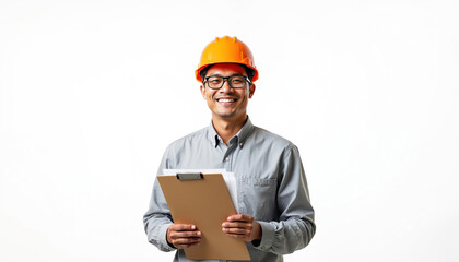 Smiling Asian construction worker portrait isolated on transparent background. Man wears orange helmet, glasses, holds clipboard. Engineer, builder smiles wearing hard hat, uniform. Construction