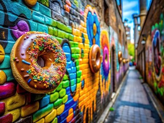 Fototapeta premium Vibrant Graffiti Donut Wall Art: Creative Street Food Mural Photography