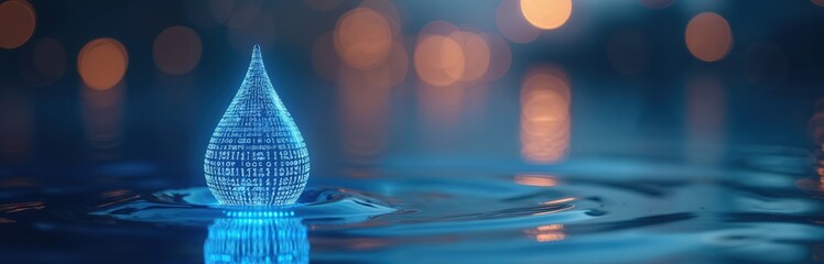 Digital blue water drop icon on water surface with binary code inside for eco monitoring, AI resource control. Bokeh background, ambient lighting, soft effect, water reflection. Tech design concept.