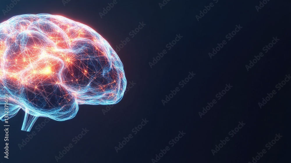 Poster abstract depiction of digital brain made from interconnected glowing lines and circuits set against 