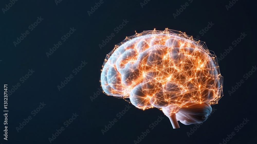 Poster abstract depiction of digital brain made from interconnected glowing lines and circuits set against 