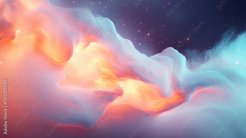 Poster abstract visualization of galactic elements with swirling colors and star-like spots on soft dark ba