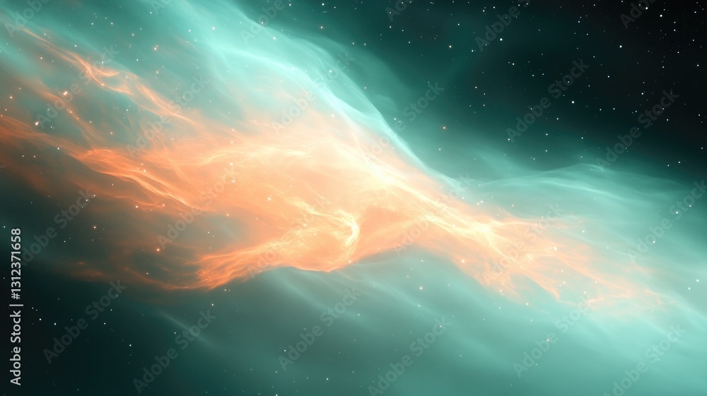 Poster abstract visualization of galactic elements with swirling colors and star-like spots on soft dark ba