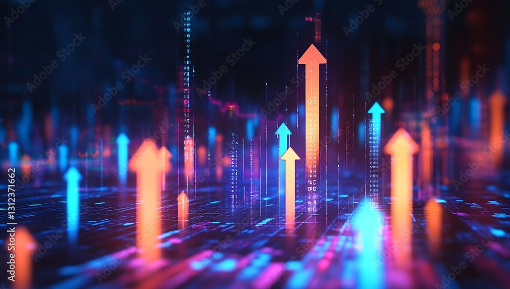 Aufkleber Vibrant Abstract Art with Rising Arrows Against a Background of Colorful Data Streams Representing Growth Potential : Generative AI