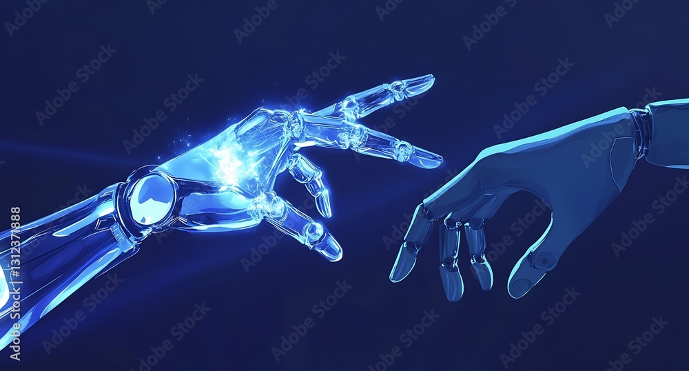 Poster Two futuristic robotic hands almost touching symbolizing the merging of human and AI technology : Generative AI