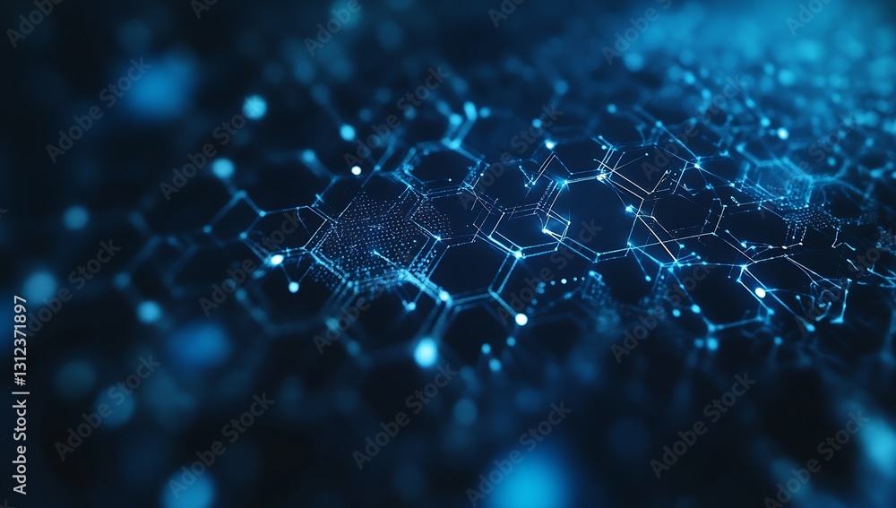 Poster Closeup view of glowing hexagons and digital elements in a blue abstract background for tech visuals : Generative AI