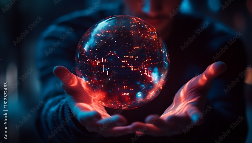 Poster Elegant presentation of a glowing sphere held by hands in a dynamic atmosphere symbolizing global data connections : Generative AI