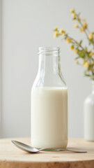 Freshly bottled A2 milk with a utensil on a wooden table.