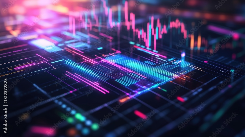 Poster a colorful circuit board with vibrant lights illuminating various components and showcasing modern e