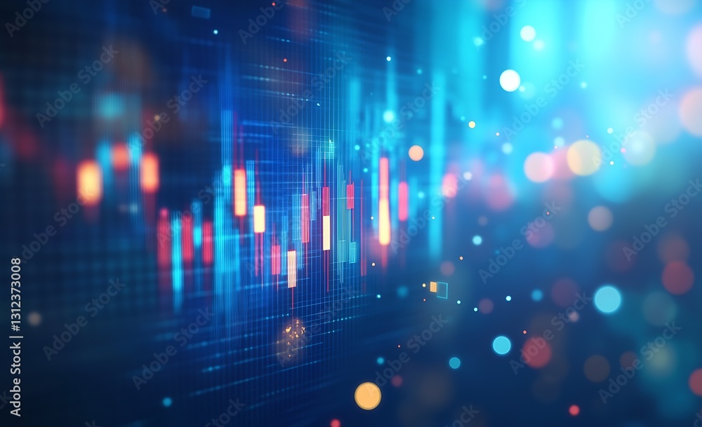 Poster colorful abstract digital financial chart with glowing bars and festive bokeh lights in blue and pin