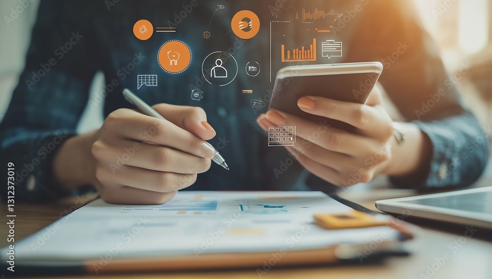 Poster Professional analyzing digital charts and statistics on smartphone while taking notes in modern office : Generative AI