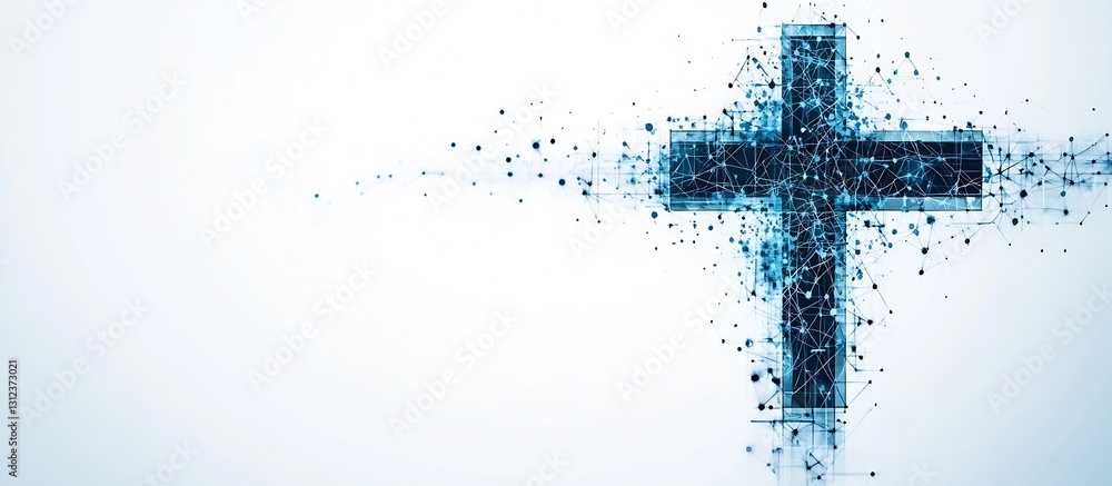 Poster Digital artwork featuring a cross symbol formed by a network of particles representing faith and technology : Generative AI