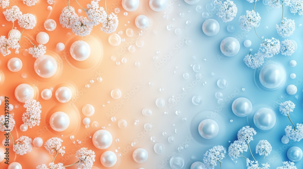 Poster pastel gradient background with 3d geometric elements and pearls in soft colors