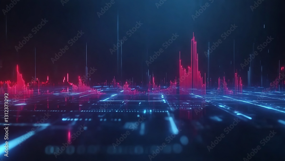 Aufkleber Dynamic three-dimensional representation of data patterns in vibrant red and blue tones : Generative AI
