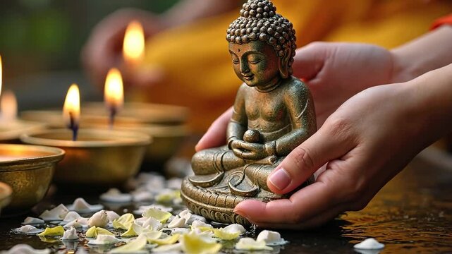 Vesak, Buddha Purnima. Person is holding a statue of Buddha in their hands. The statue is surrounded by candles and flowers. Concept of peace and spirituality