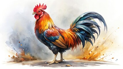 Fototapeta premium Vibrant Watercolor Rooster Urban Exploration Photography - Proud Bird White Background