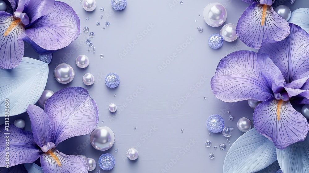 Aufkleber elegant frame of soft lavender orchids and pearls on subtle background for 3d decoration and design 