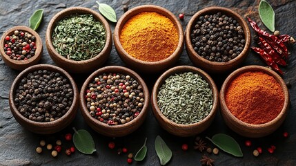 collection of spices including peppercorns dried herbs and powders on a kitchen surface