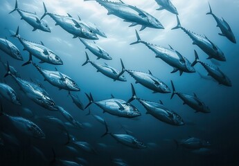 Obraz premium Underwater School of Tuna Fish Swimming Gracefully in Deep Blue Ocean Water Surrounded by Sunlight and Bubbles