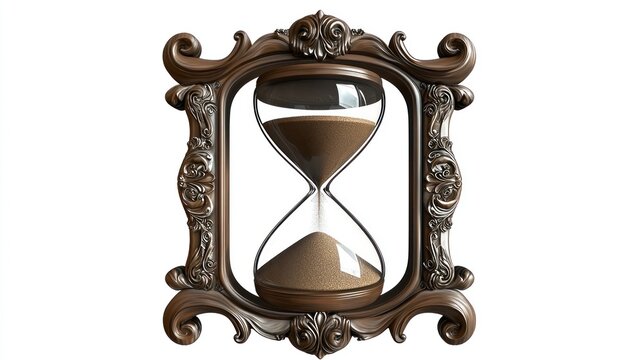 Ornate antique frame holding hourglass; time passing