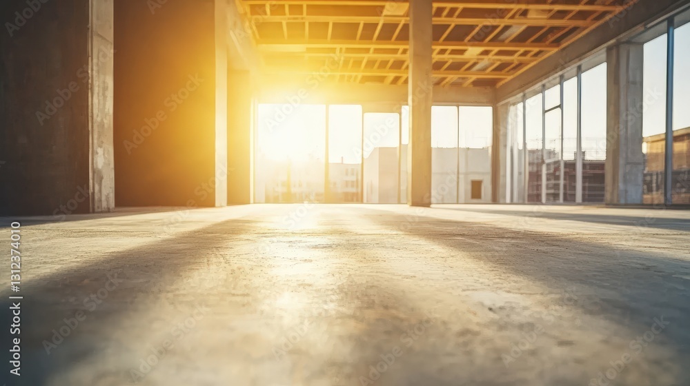 Poster sunlight streaming through large windows in an empty industrial space, casting long shadows