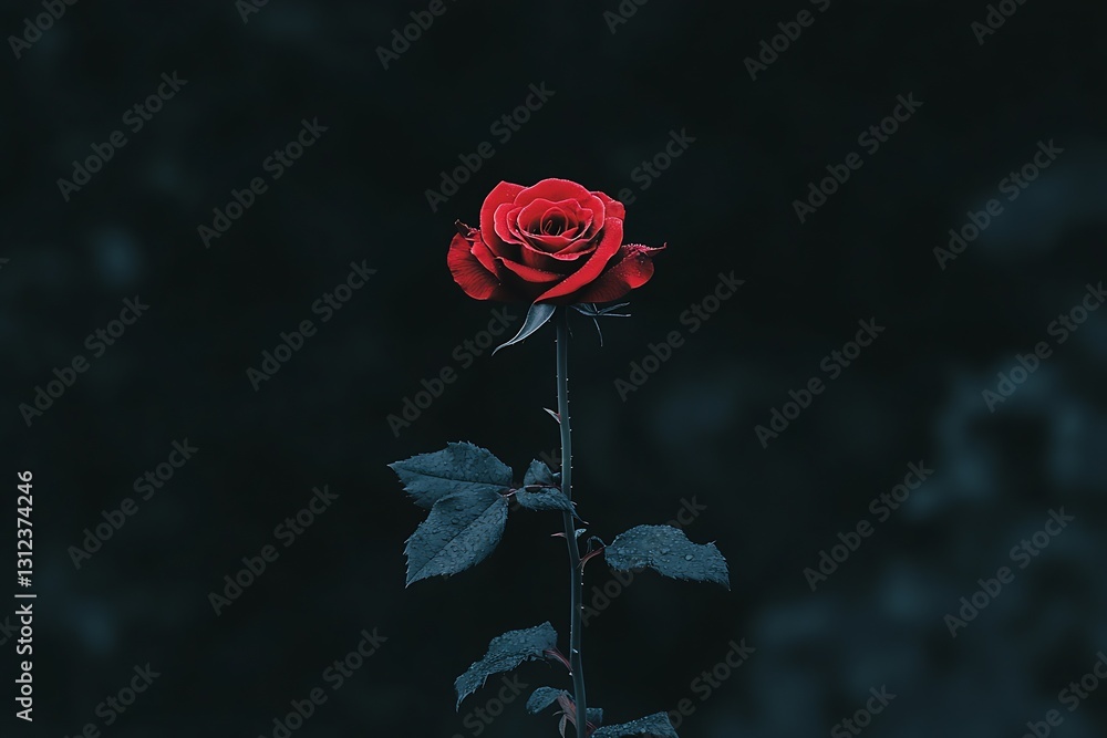 Poster elegant red rose standing tall in a dark moody background highlighting its exquisite beauty and ench