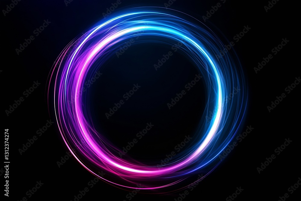 Poster dynamic swirling light circle in vivid pink and blue colors on a dark background : generative ai