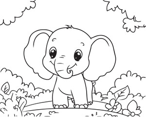 Fototapeta premium Friendly baby elephant enjoys a peaceful moment in a lush jungle. His friendly expression and kind presence make this a perfect illustration for children's educational fun. 