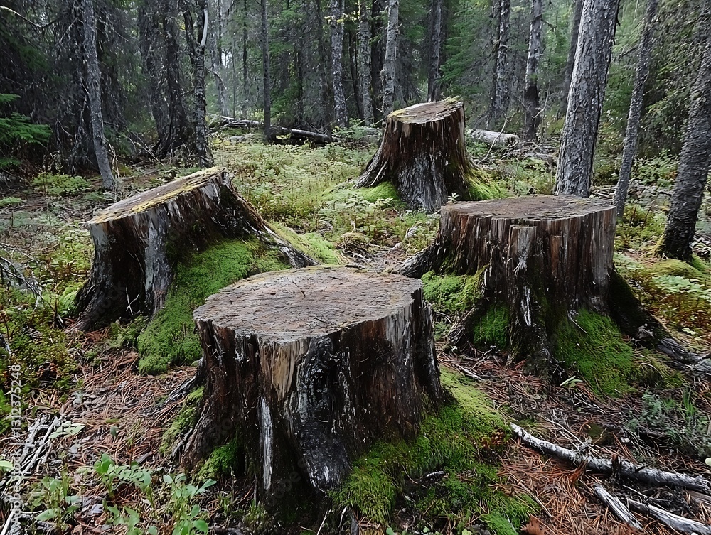 Poster Group of tree stumps coated in moss nestled within a dense forest creating a peaceful woodland scene : Generative AI