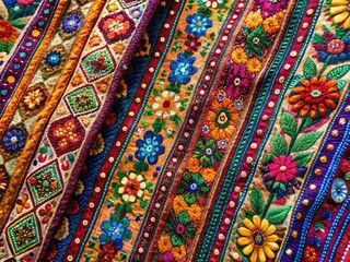 Vintage Gujarati Floral Stripes: Colorful Textile Photography