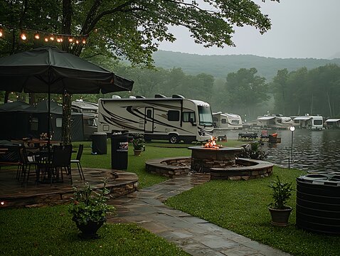 Rainy Lakeside RV Campground Gathering