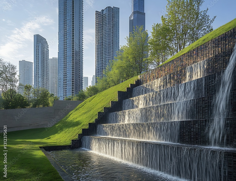 Poster Inviting greenery and a gentle waterfall create a peaceful atmosphere in an urban park setting : Generative AI