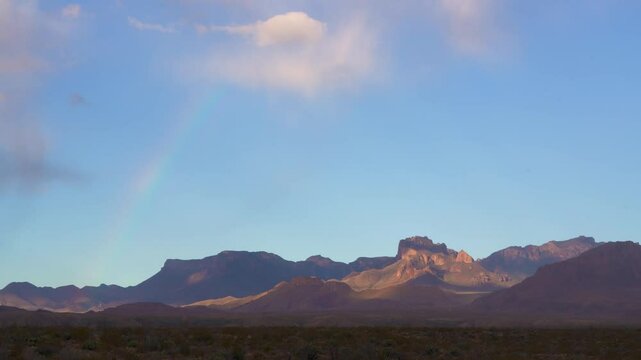 Big Bend National Park Rainbow Over Chisos Mountains Day Time Blue Sky Wide View