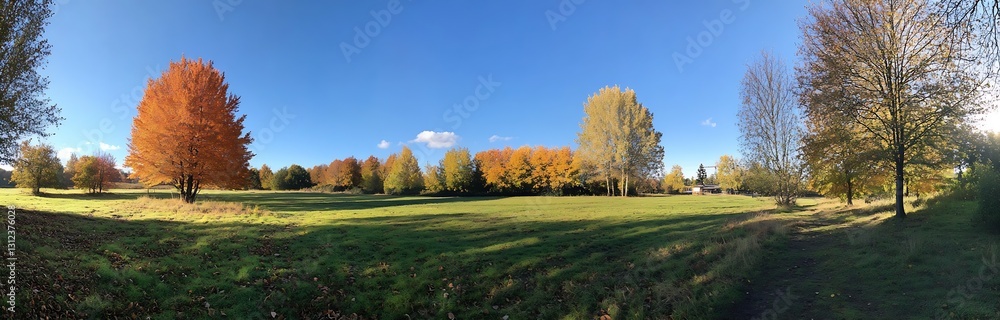 Poster inviting autumn landscape with radiant colors and a sunny day highlighting a wide open field : gener