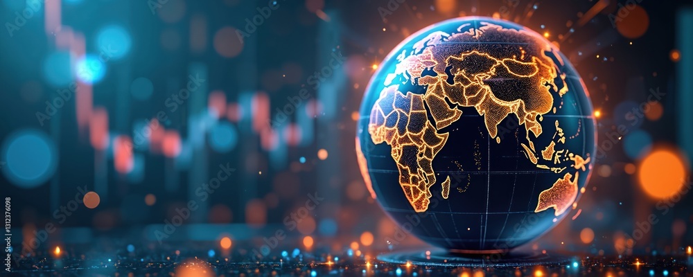 Poster digital globe with highlighted continents, global investment. glowing earth model against blurred st