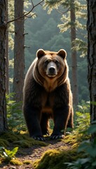 Obraz premium Brown bear stands between two trees in lush forest, illuminated by soft sunlight filtering through the foliage. Bear's powerful stance. Wildlife and nature-themed projects.