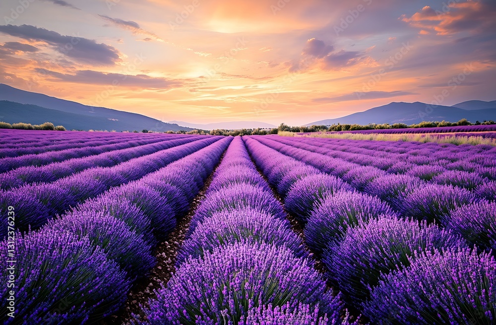 Poster stunning lavender fields under a golden sunset creating a serene landscape experience : generative a