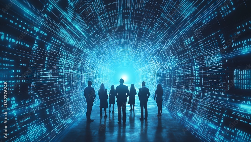 Fototapete silhouettes of business professionals emerging from a glowing digital tunnel symbolizing digital tra